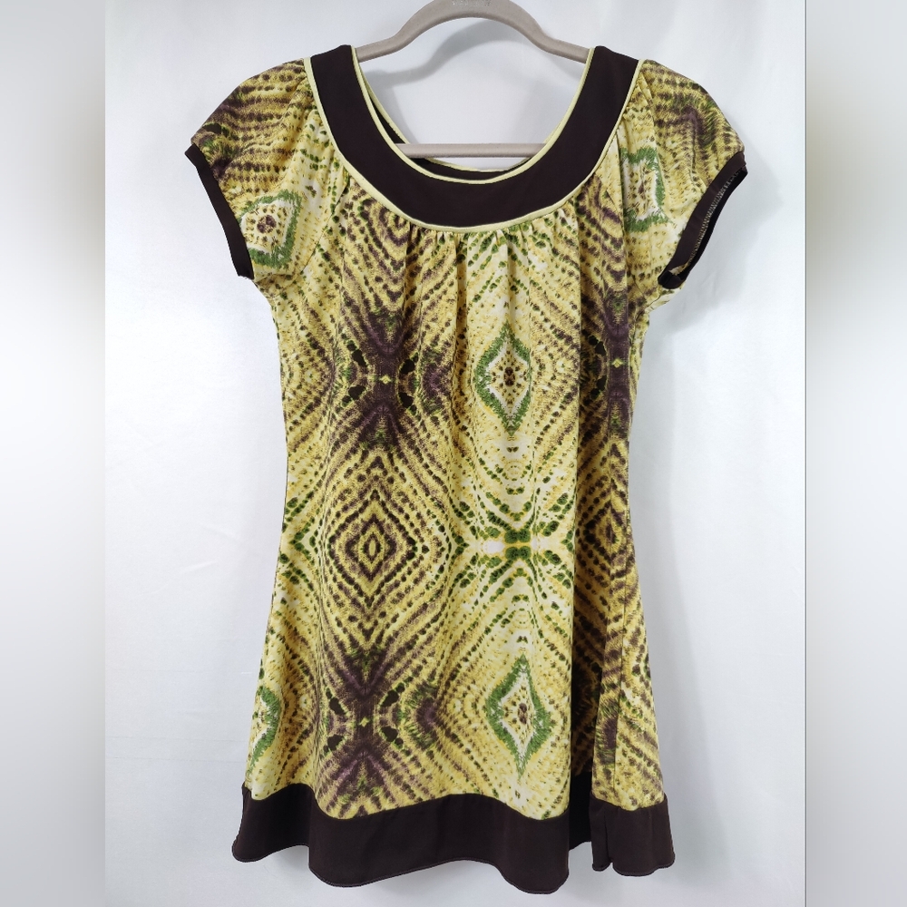 Tempted Hearts Yellow & Brown Blouse Top Sz S